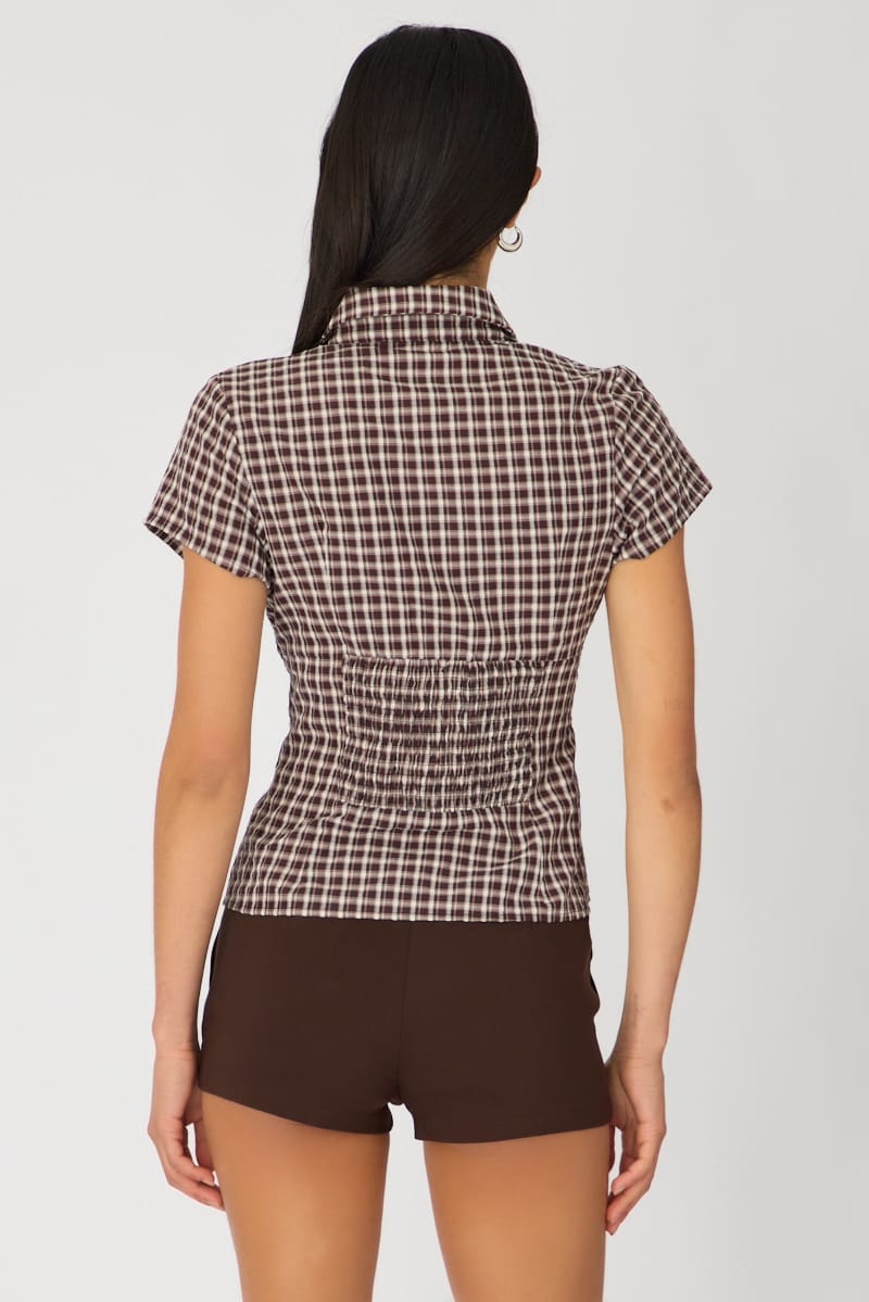 Brown Check Short Sleeve Shirt Collared Button Up Textured for Ally Fashion