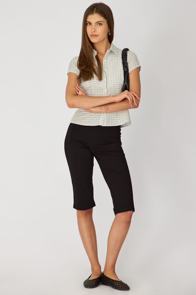 White Check Short Sleeve Shirt Collared Button Up Textured for Ally Fashion