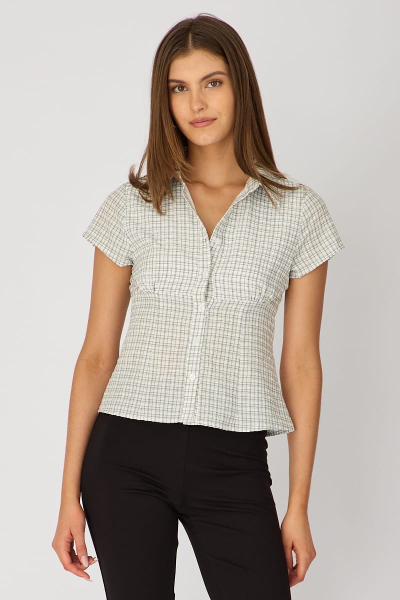 White Check Short Sleeve Shirt Collared Button Up Textured for Ally Fashion
