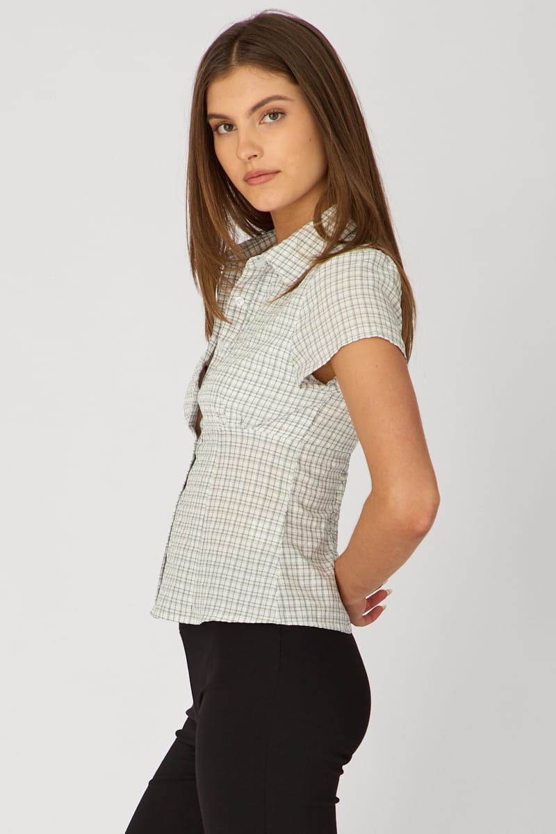 White Check Short Sleeve Shirt Collared Button Up Textured for Ally Fashion