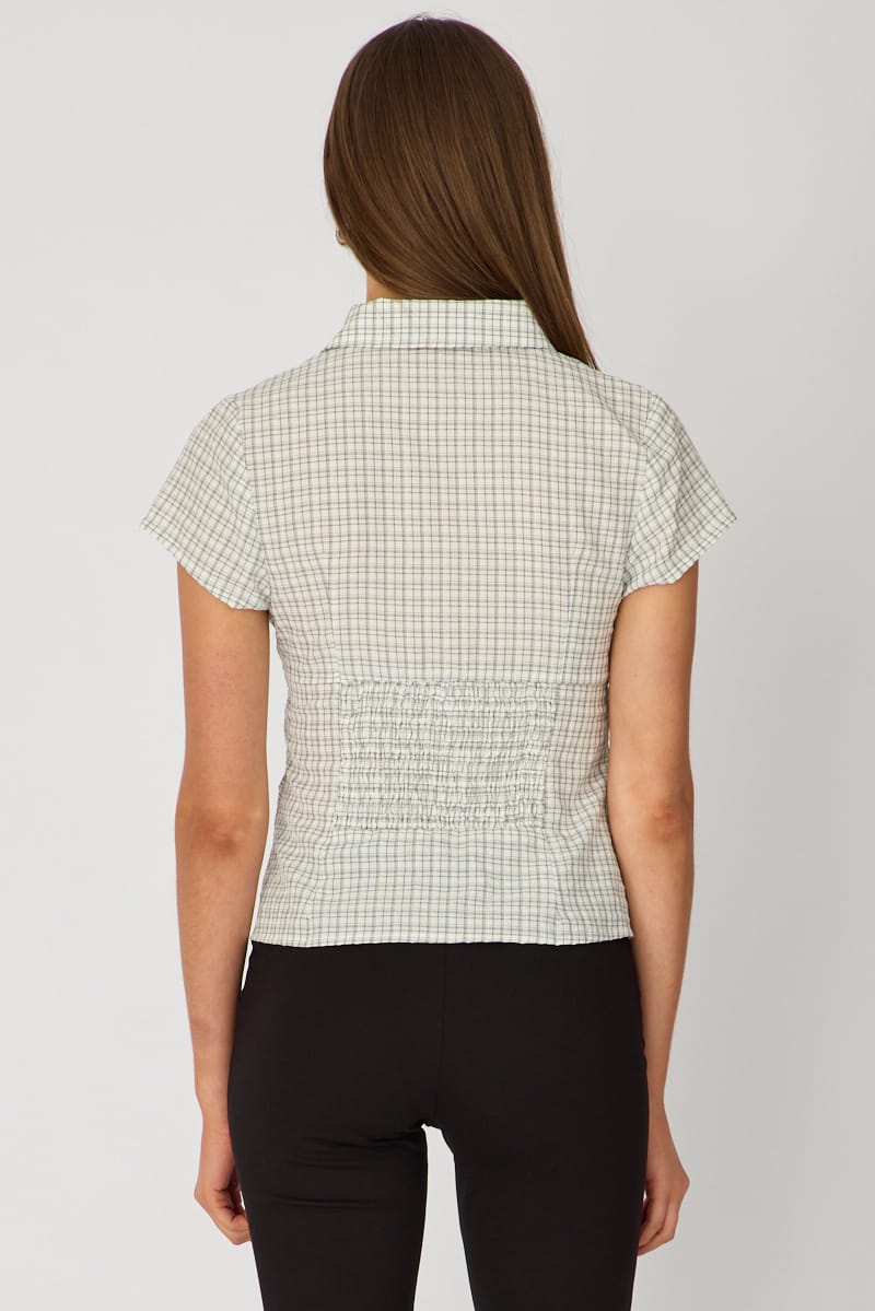 White Check Short Sleeve Shirt Collared Button Up Textured for Ally Fashion