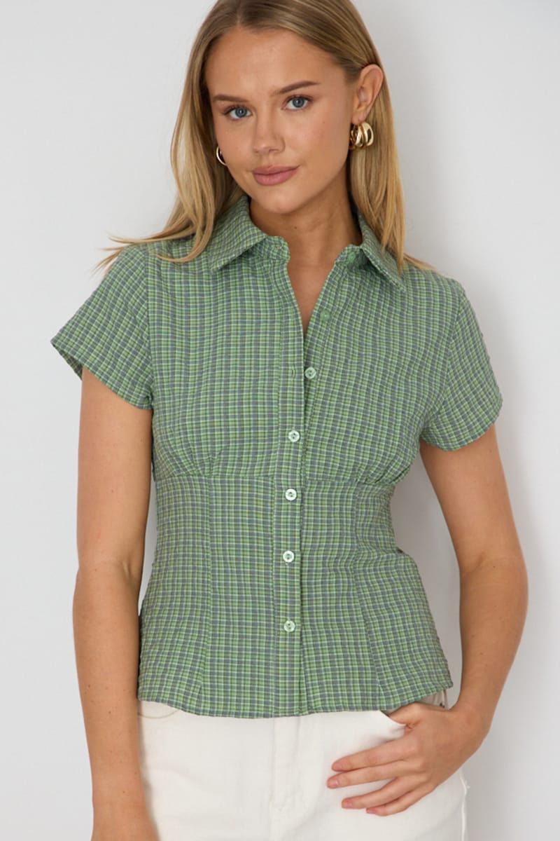 Green Check Short Sleeve Shirt Collared Button Up Textured for Ally Fashion