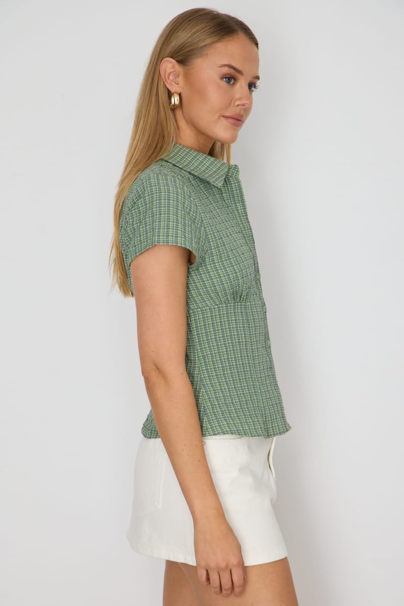 Green Check Short Sleeve Shirt Collared Button Up Textured for Ally Fashion