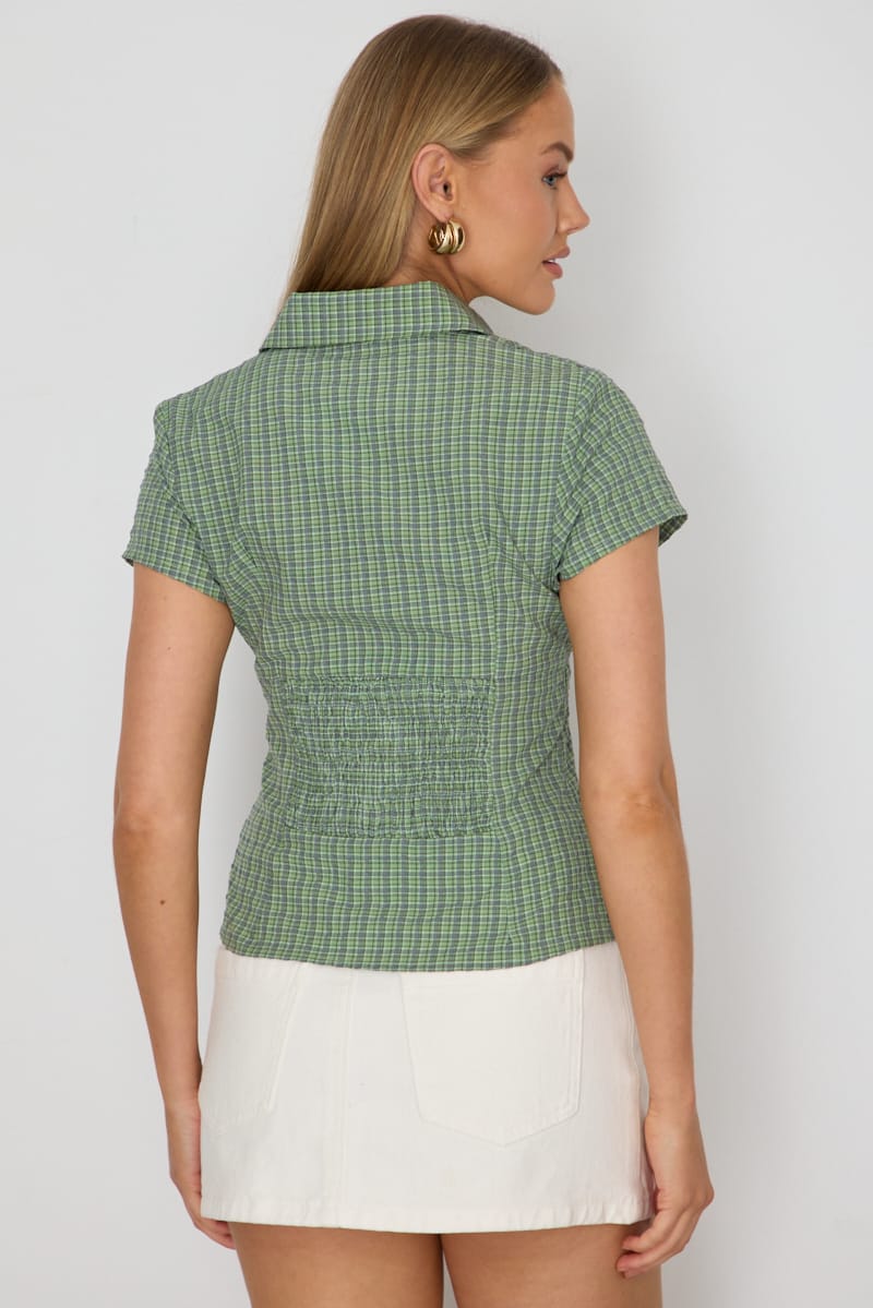 Green Check Short Sleeve Shirt Collared Button Up Textured for Ally Fashion