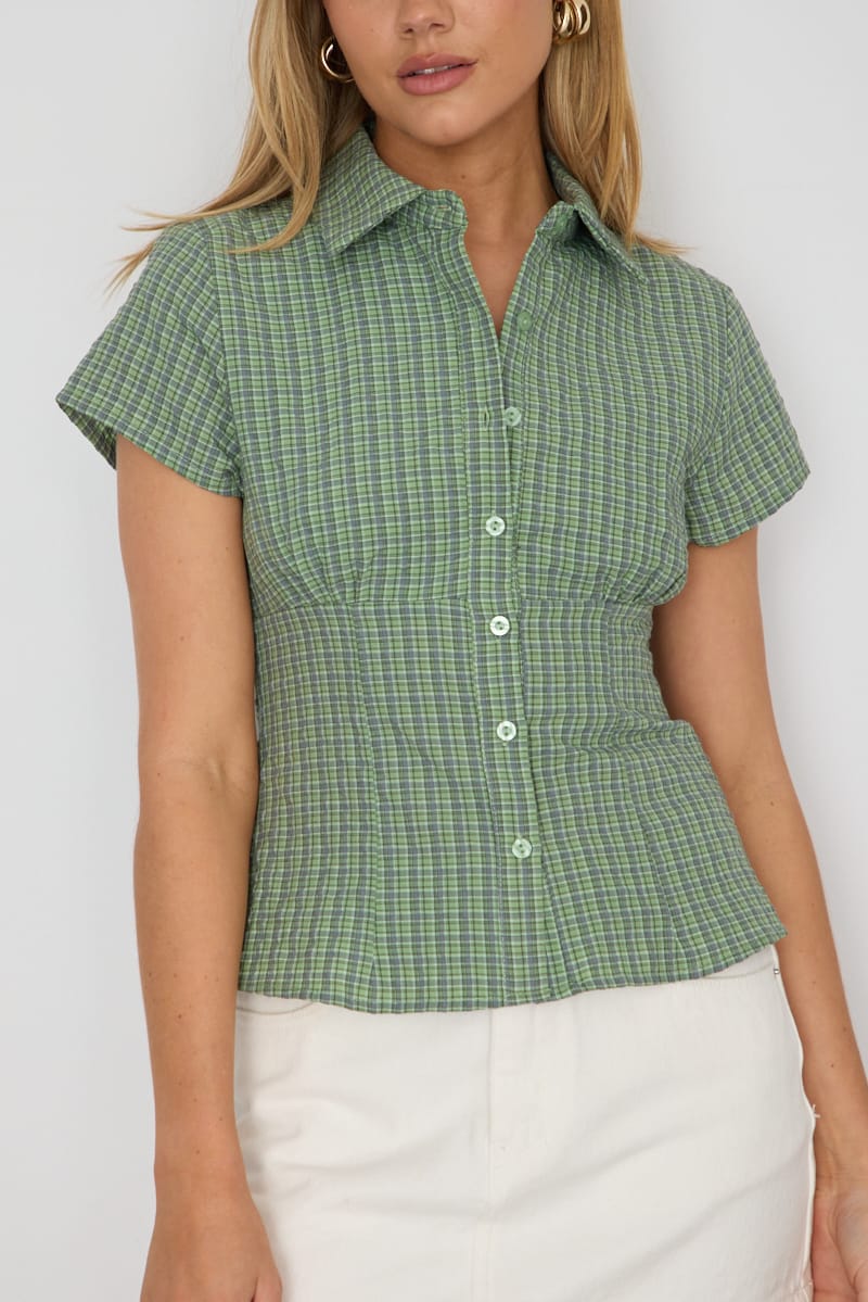 Green Check Short Sleeve Shirt Collared Button Up Textured for Ally Fashion