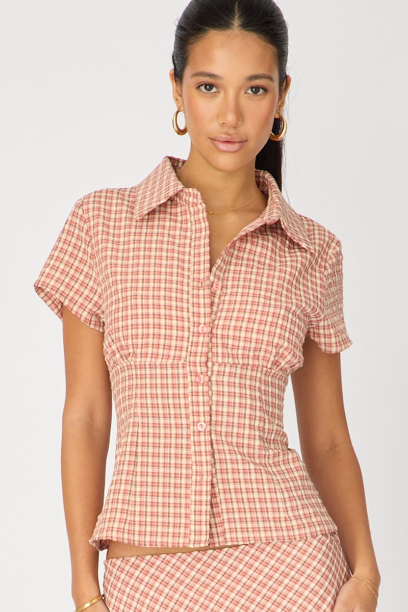 Pink Check Short Sleeve Shirt Collared Button Up Textured for Ally Fashion