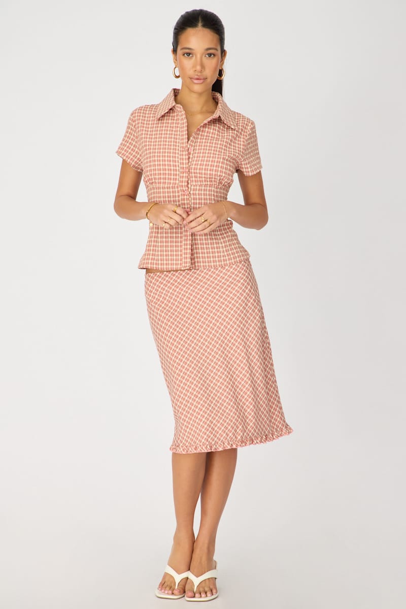 Pink Check Short Sleeve Shirt Collared Button Up Textured for Ally Fashion