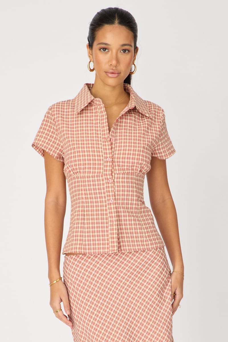 Pink Check Short Sleeve Shirt Collared Button Up Textured for Ally Fashion