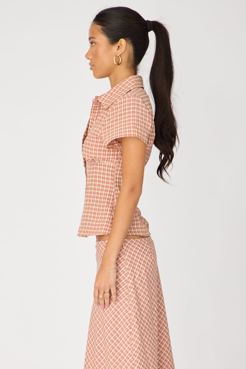 Pink Check Short Sleeve Shirt Collared Button Up Textured for Ally Fashion