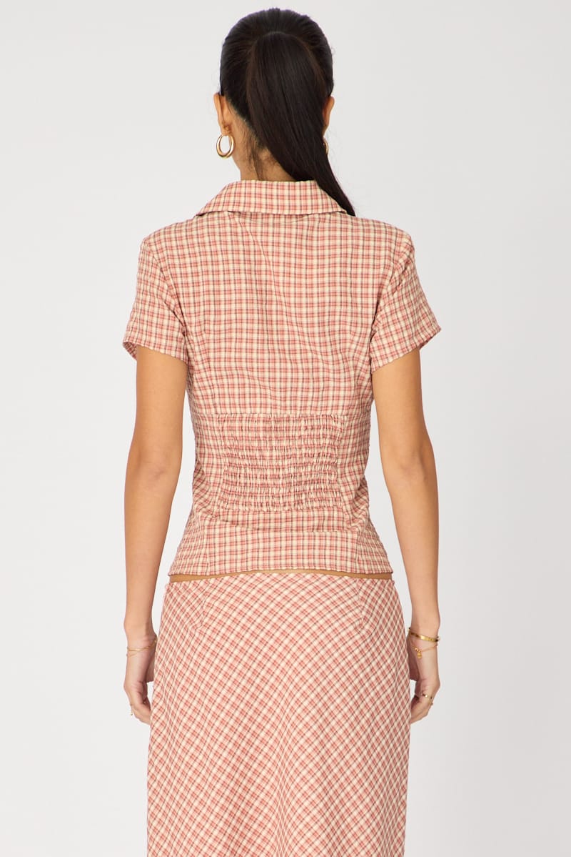 Pink Check Short Sleeve Shirt Collared Button Up Textured for Ally Fashion