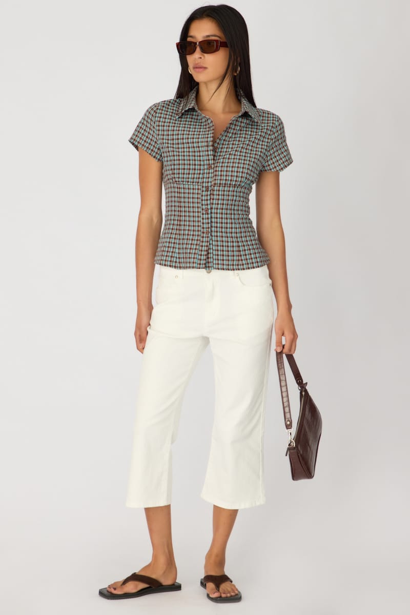 Brown Check Short Sleeve Shirt Collared Button Up Textured for Ally Fashion