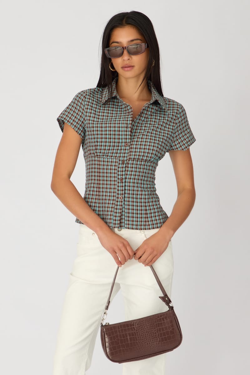 Brown Check Short Sleeve Shirt Collared Button Up Textured for Ally Fashion
