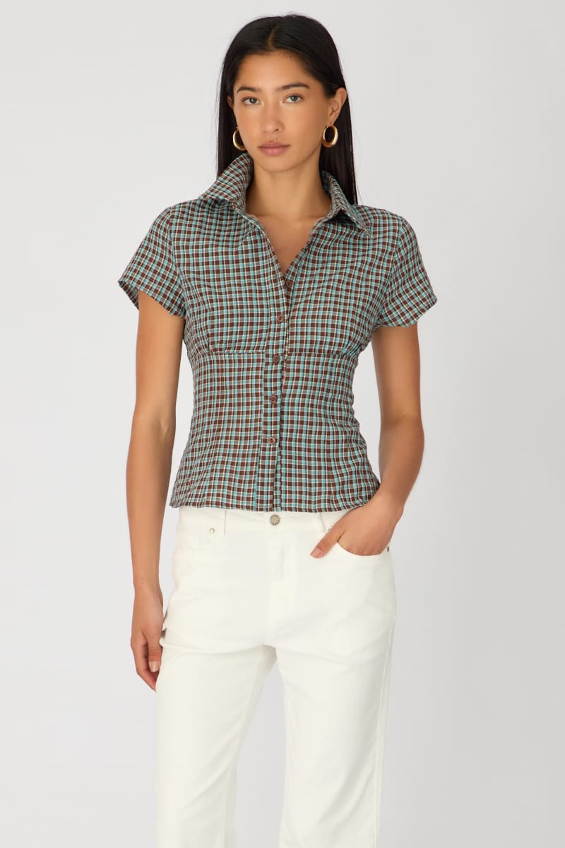 Brown Check Short Sleeve Shirt Collared Button Up Textured for Ally Fashion