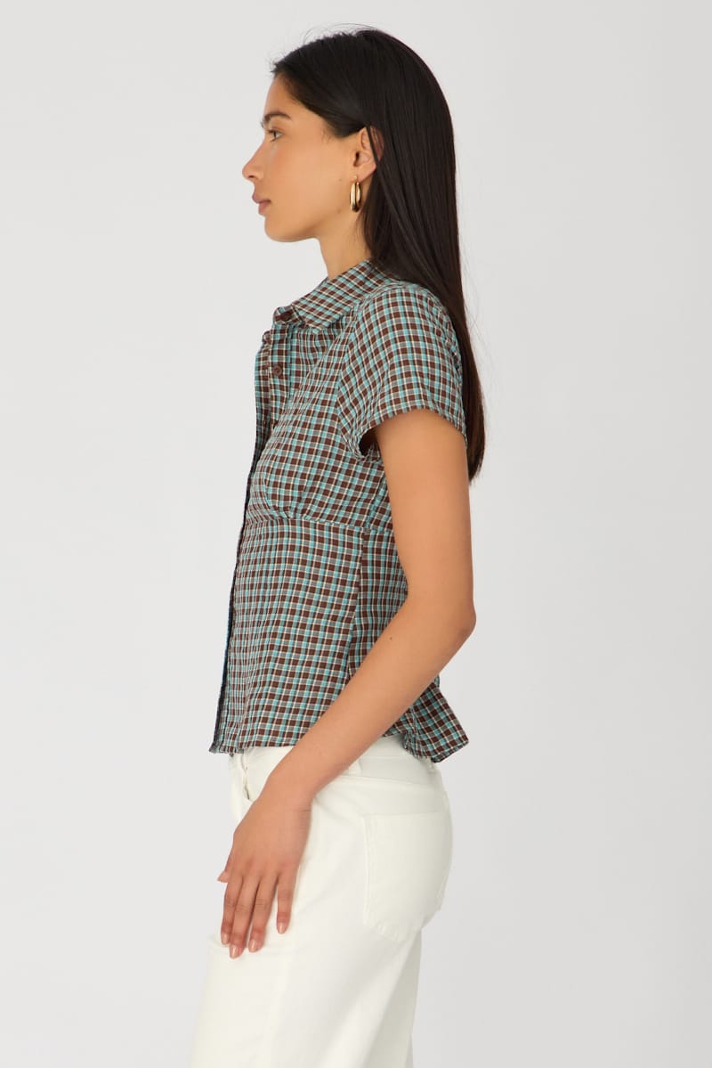 Brown Check Short Sleeve Shirt Collared Button Up Textured for Ally Fashion