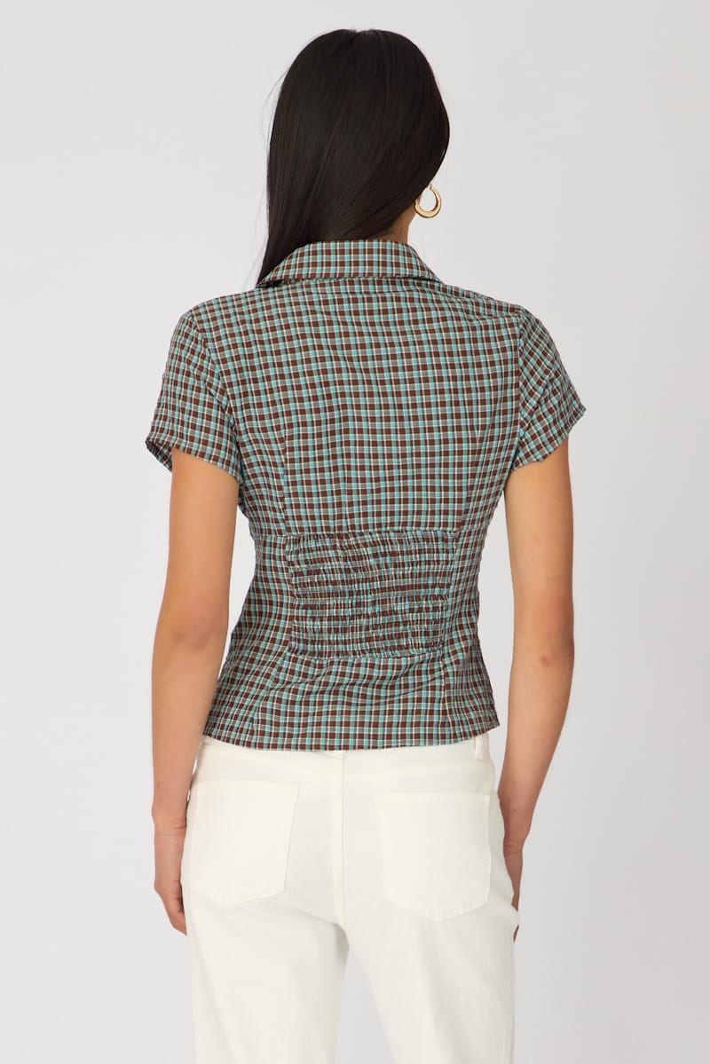 Brown Check Short Sleeve Shirt Collared Button Up Textured for Ally Fashion