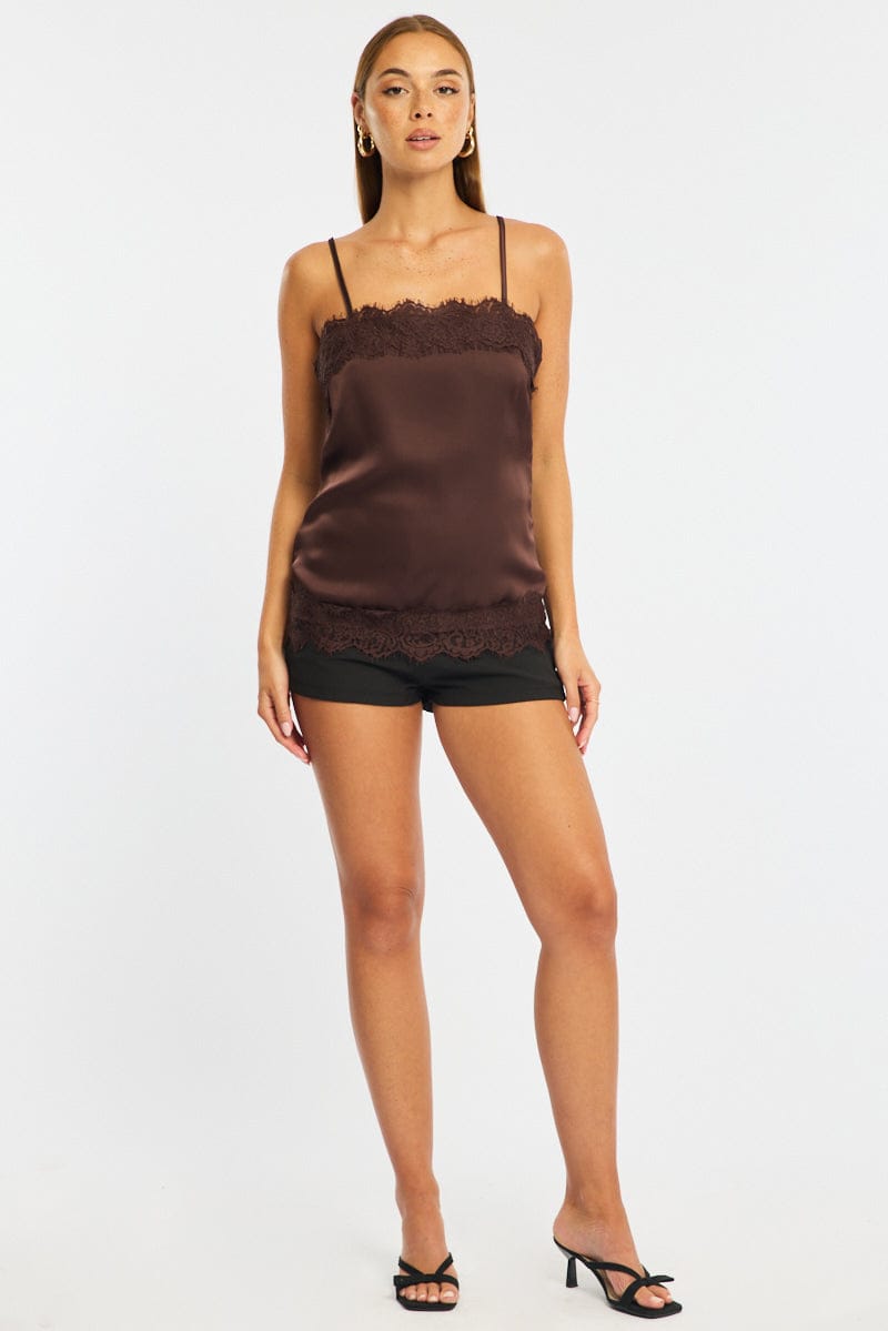 Brown Strappy Satin Lace Trim Cami for Ally Fashion
