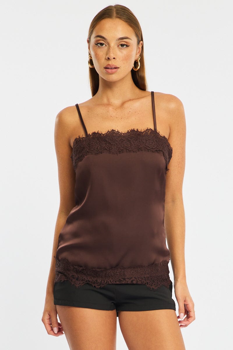 Brown Strappy Satin Lace Trim Cami for Ally Fashion
