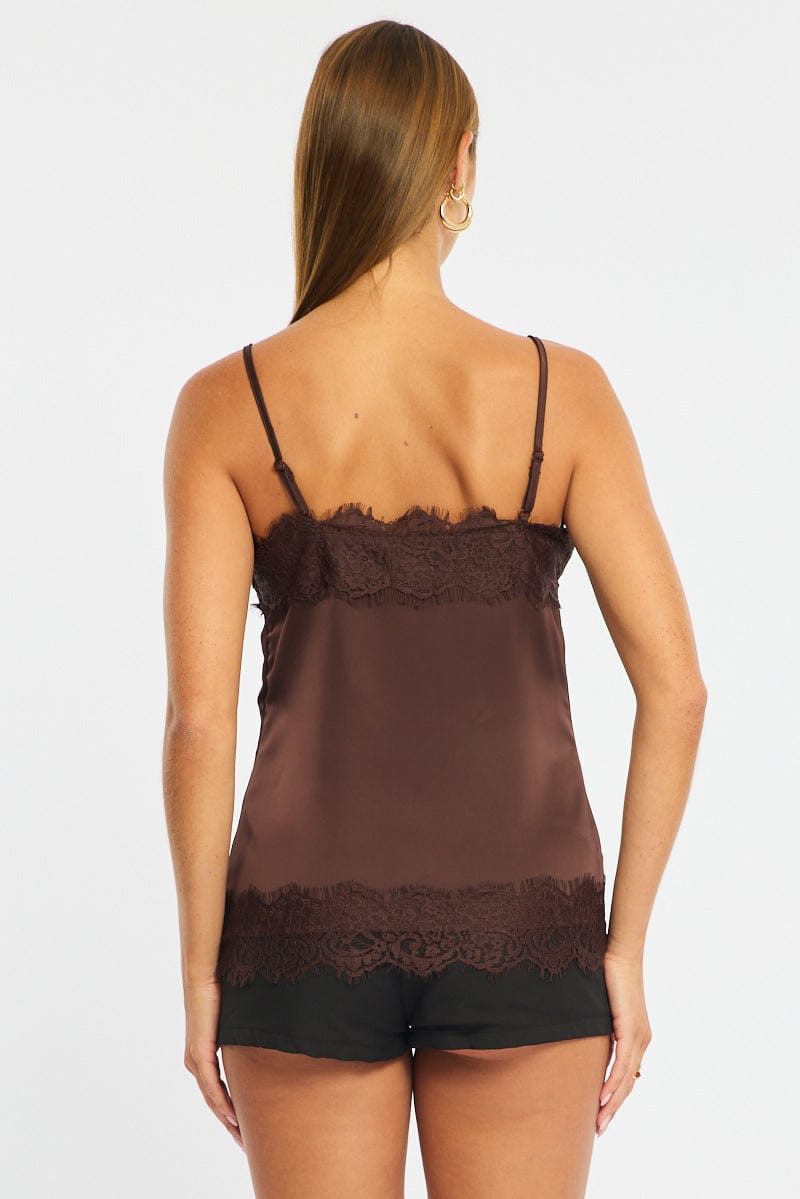 Brown Strappy Satin Lace Trim Cami for Ally Fashion