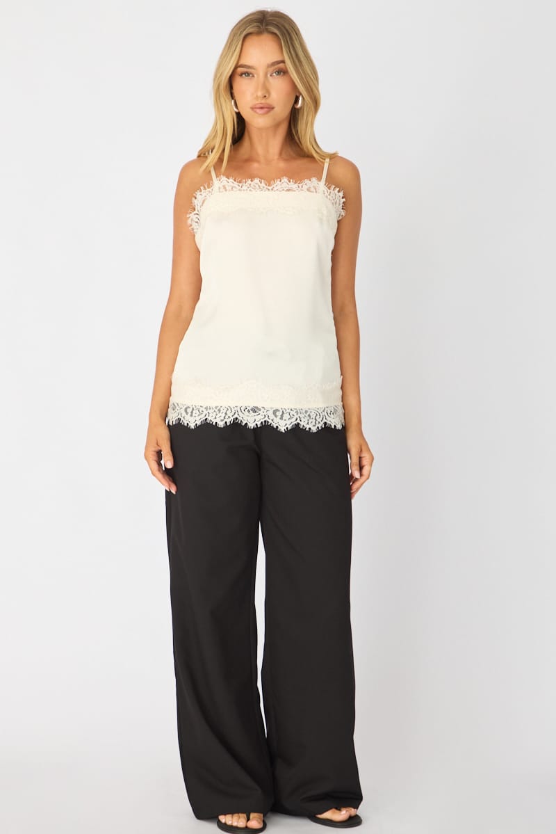 White Strappy Satin Lace Trim Cami for Ally Fashion