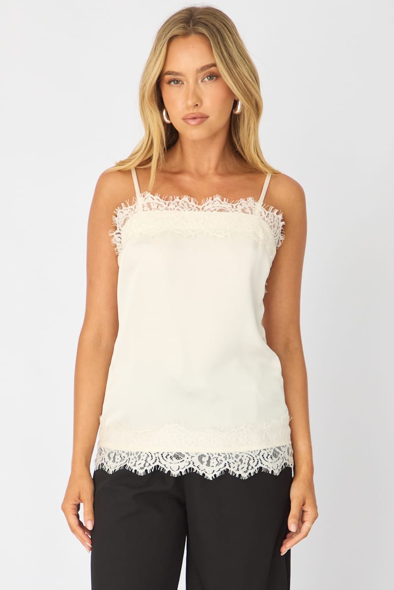 White Strappy Satin Lace Trim Cami for Ally Fashion