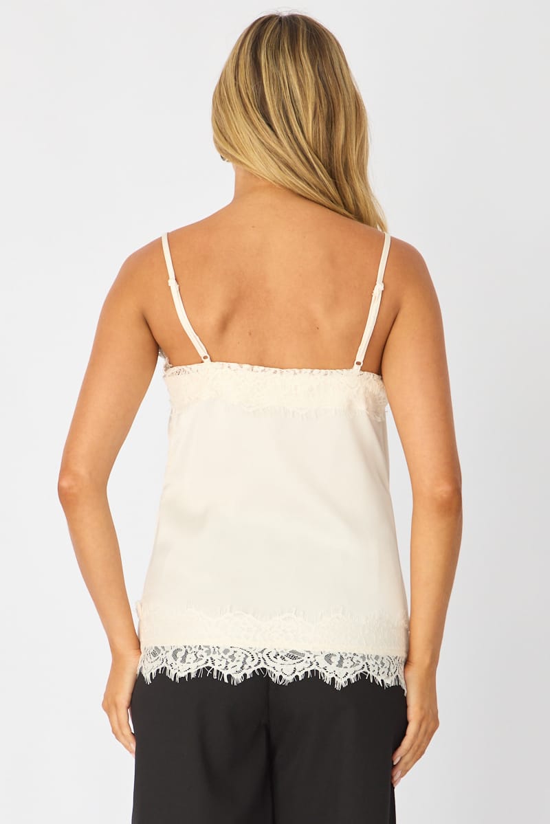 White Strappy Satin Lace Trim Cami for Ally Fashion