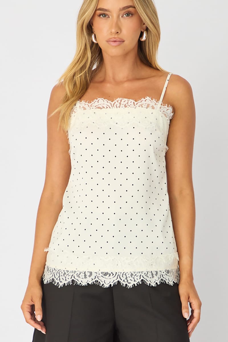 White Polka Dot Strappy Satin Lace Trim Cami for Ally Fashion