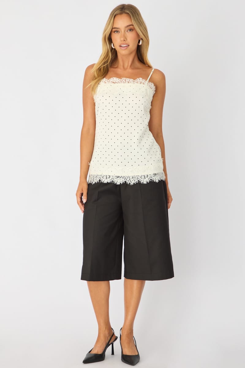 White Polka Dot Strappy Satin Lace Trim Cami for Ally Fashion