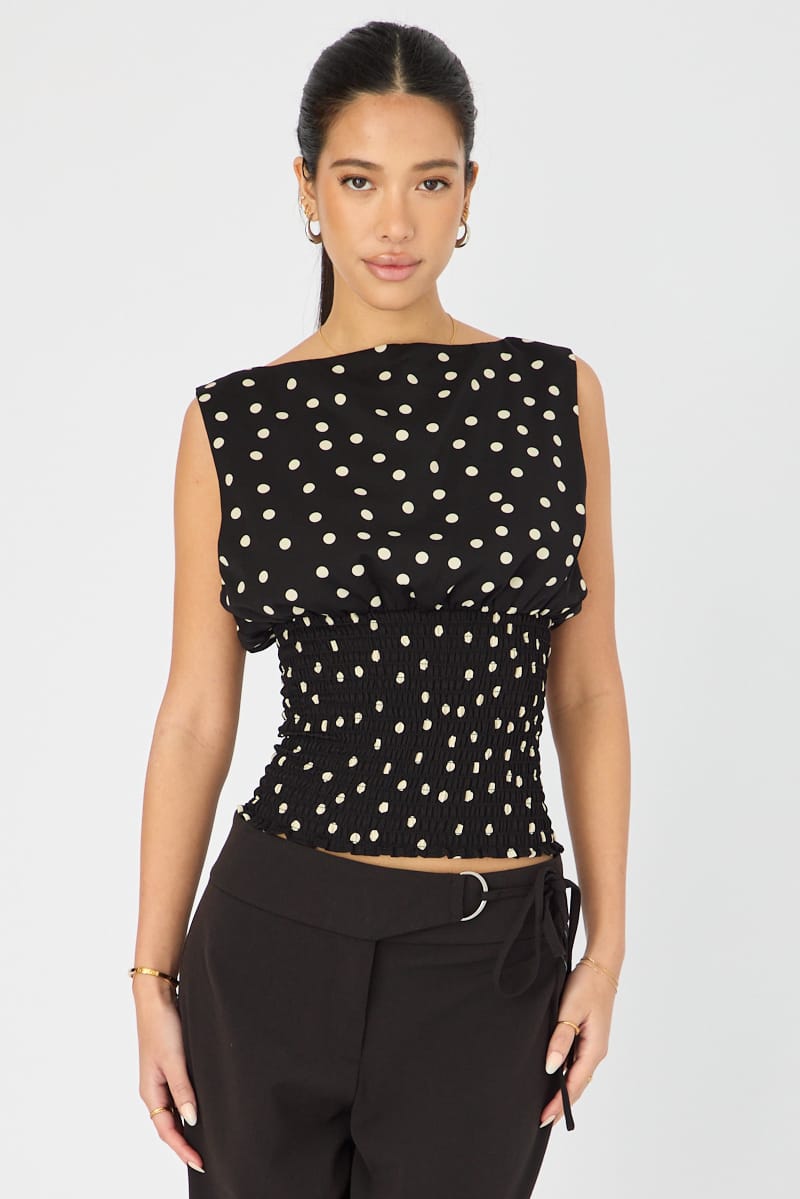 Black Polka-Dot High-Neck Ruched Waist Blouse Sleeveless from Ally Fashion