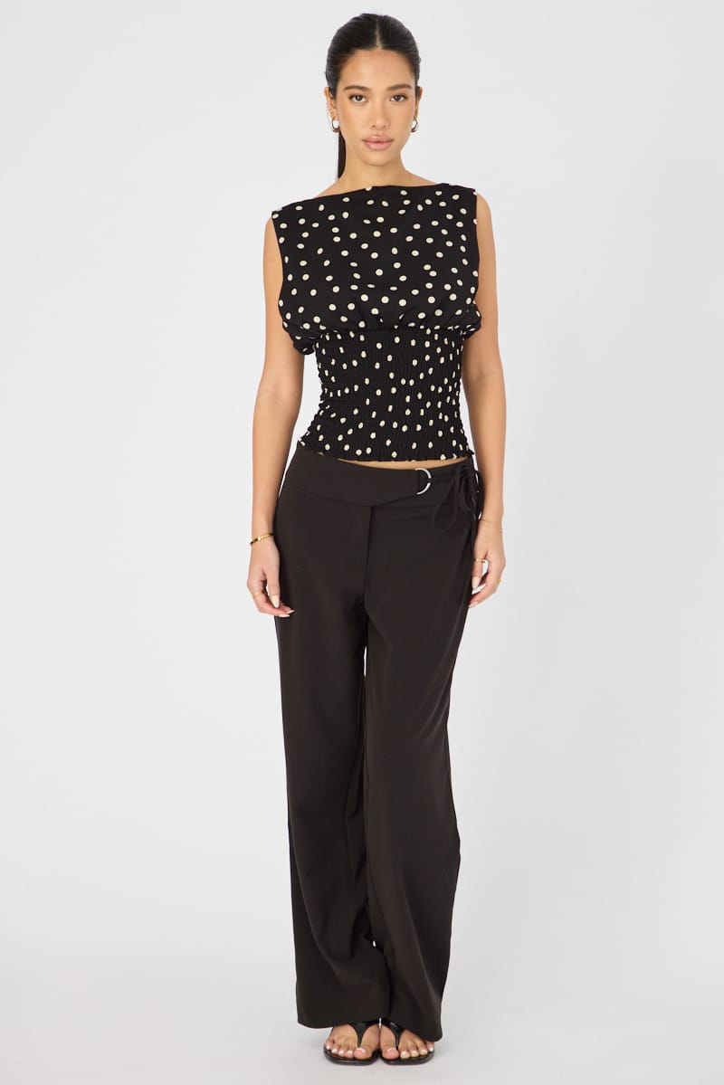 Black Polka Dot High Neck Ruched Waist Blouse Sleeveless for Ally Fashion