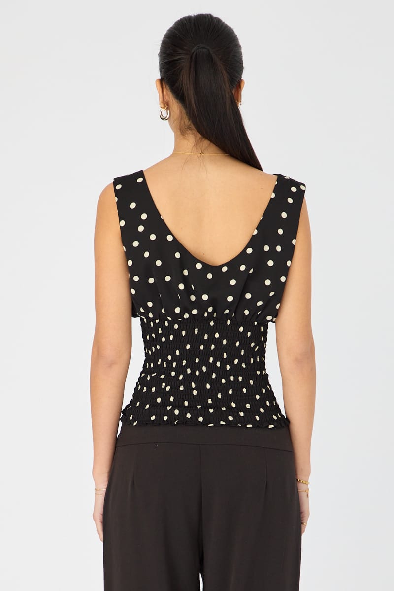 Black Polka Dot High Neck Ruched Waist Blouse Sleeveless for Ally Fashion