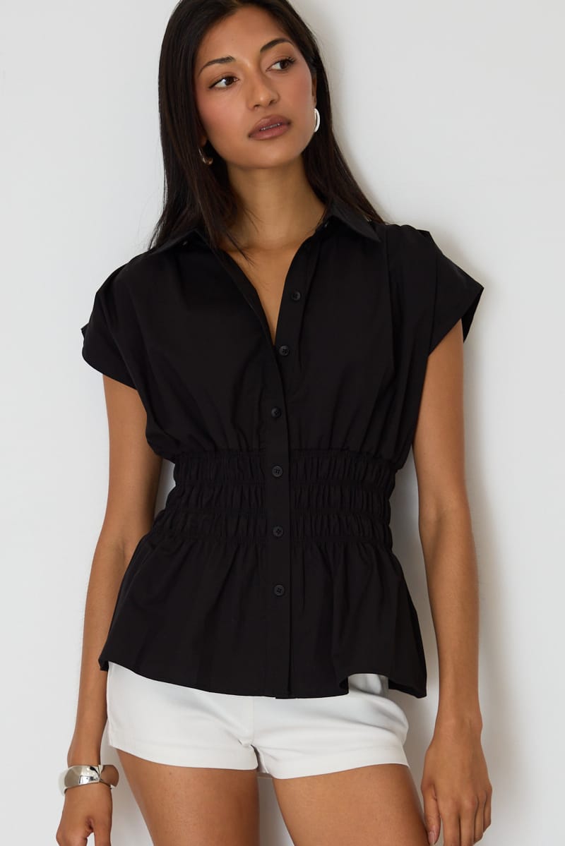 Black Buttoned Collar Shirt Shirred Waistline for Ally Fashion