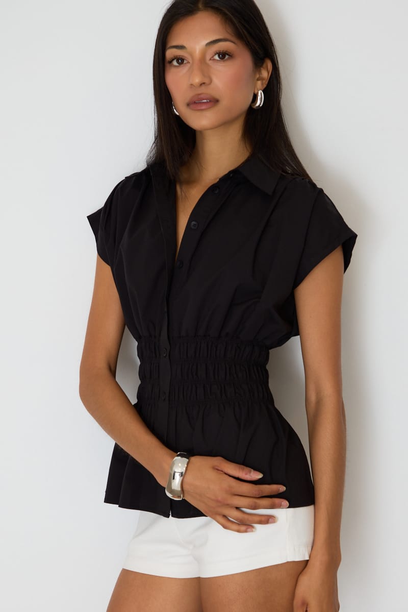 Black Buttoned Collar Shirt Shirred Waistline for Ally Fashion