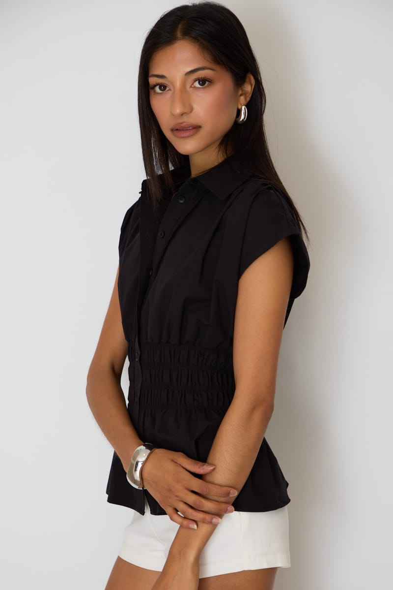 Black Buttoned Collar Shirt Shirred Waistline for Ally Fashion