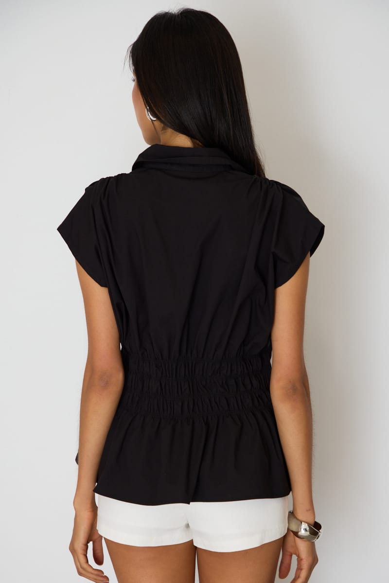 Black Buttoned Collar Shirt Shirred Waistline for Ally Fashion