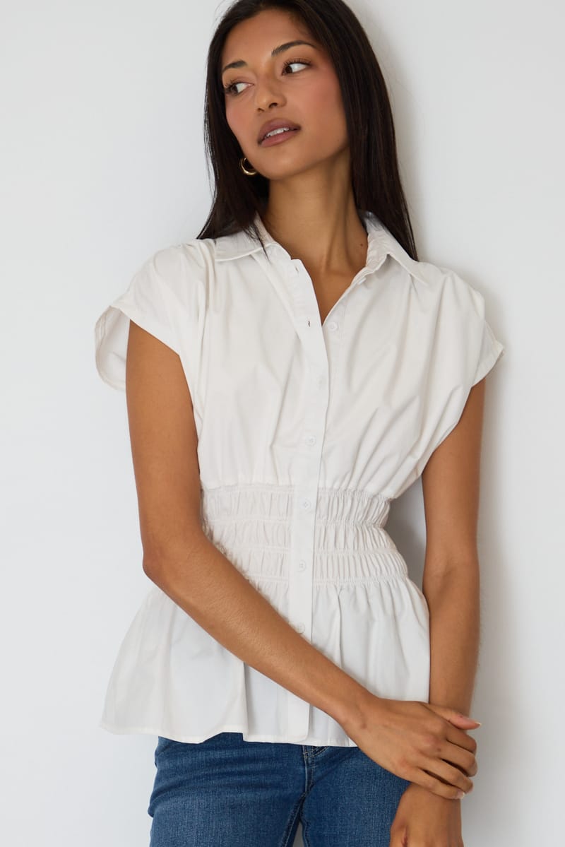 White Buttoned Collar Shirt Shirred Waistline for Ally Fashion