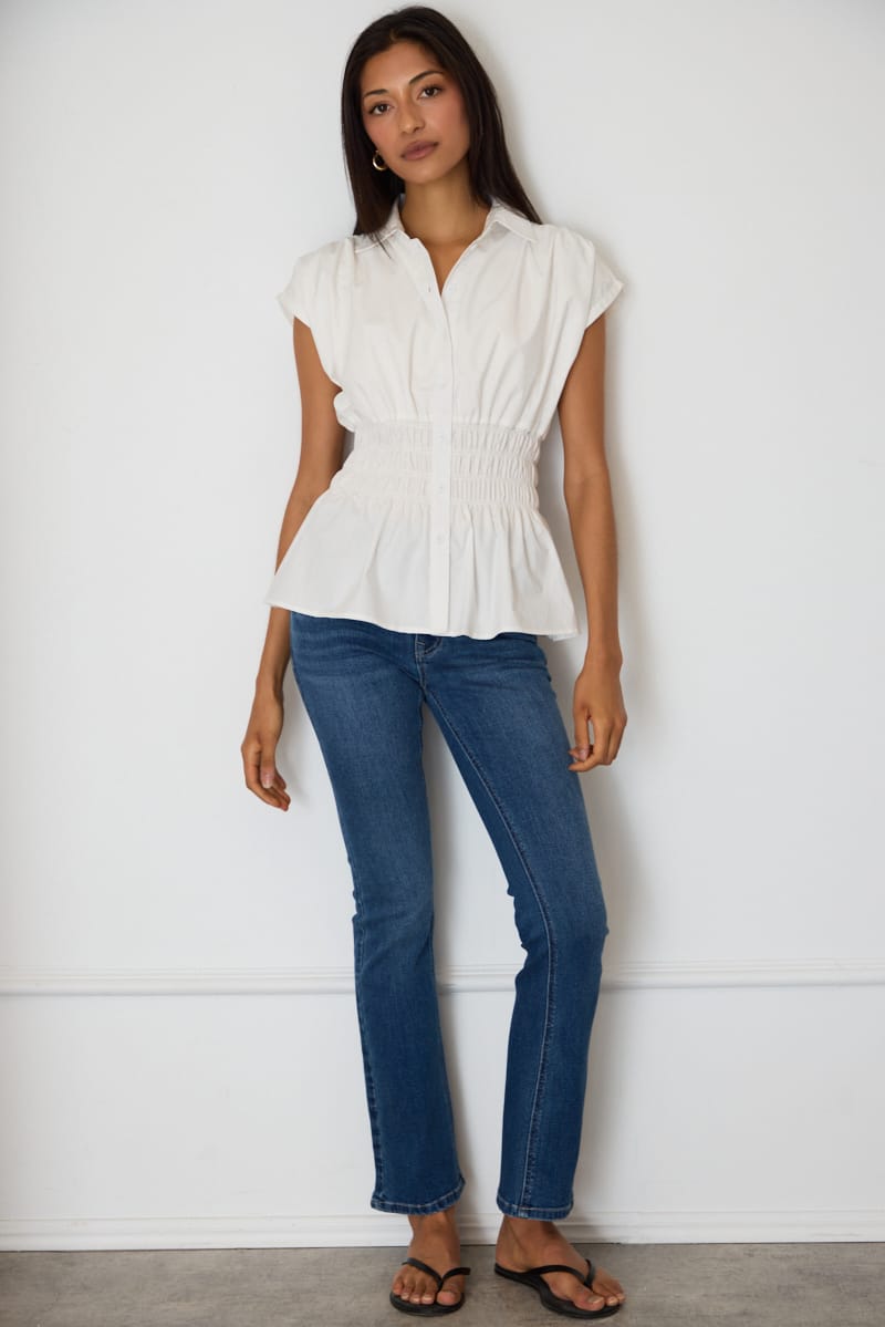 White Buttoned Collar Shirt Shirred Waistline for Ally Fashion