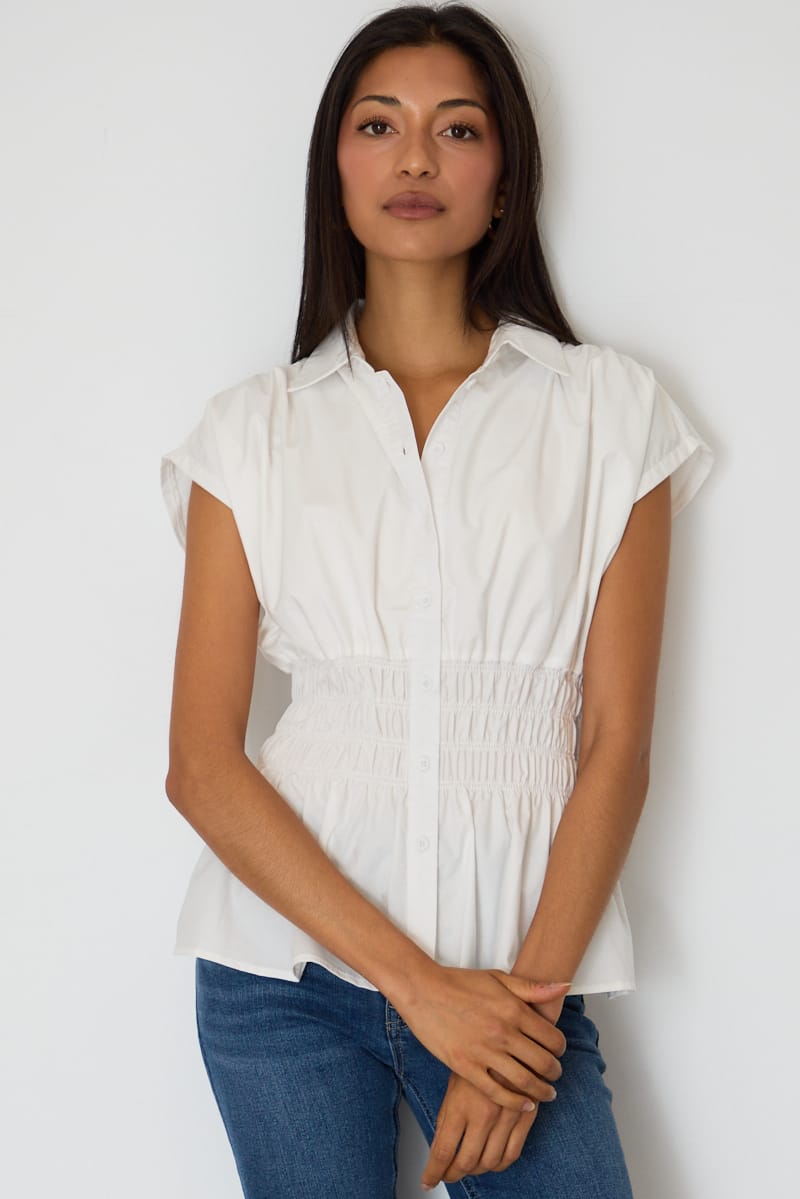 White Buttoned Collar Shirt Shirred Waistline for Ally Fashion