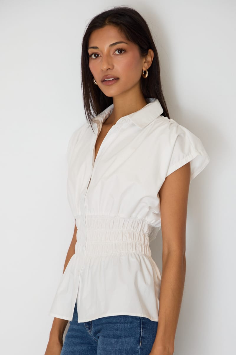 White Buttoned Collar Shirt Shirred Waistline for Ally Fashion