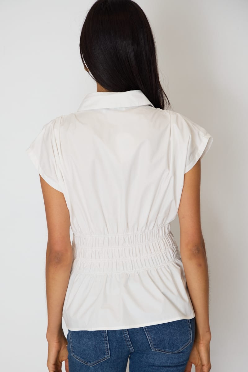 White Buttoned Collar Shirt Shirred Waistline for Ally Fashion