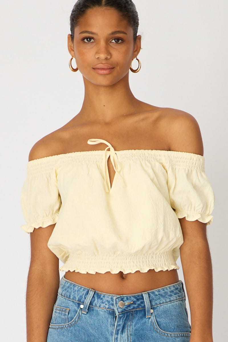 Yellow Puff Sleeve Blouse Short Sleeve Relaxed Fit for Ally Fashion