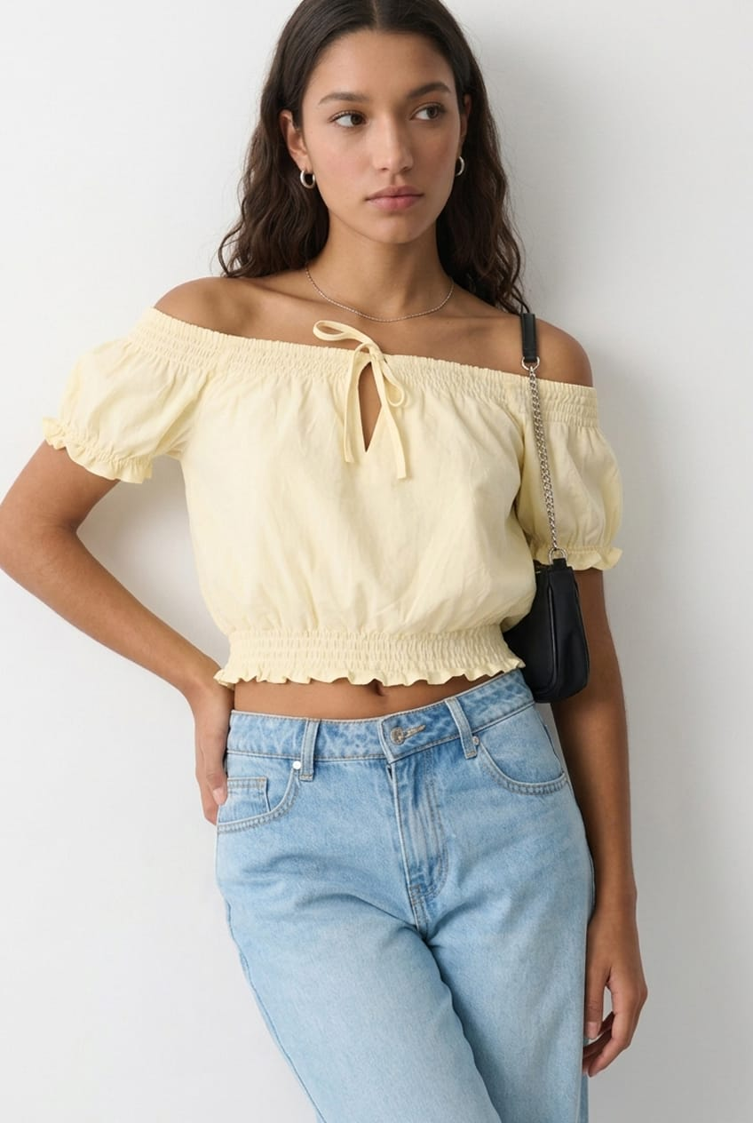 Yellow Puff Sleeve Blouse Short Sleeve Relaxed Fit for Ally Fashion