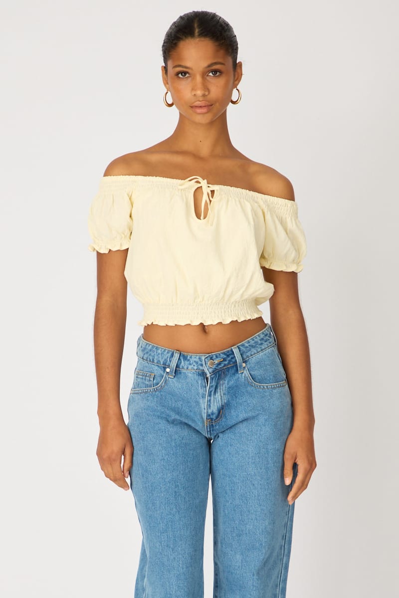 Yellow Puff Sleeve Blouse Short Sleeve Relaxed Fit for Ally Fashion