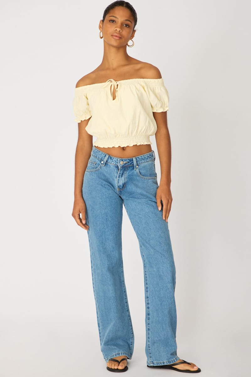 Yellow Puff Sleeve Blouse Short Sleeve Relaxed Fit for Ally Fashion