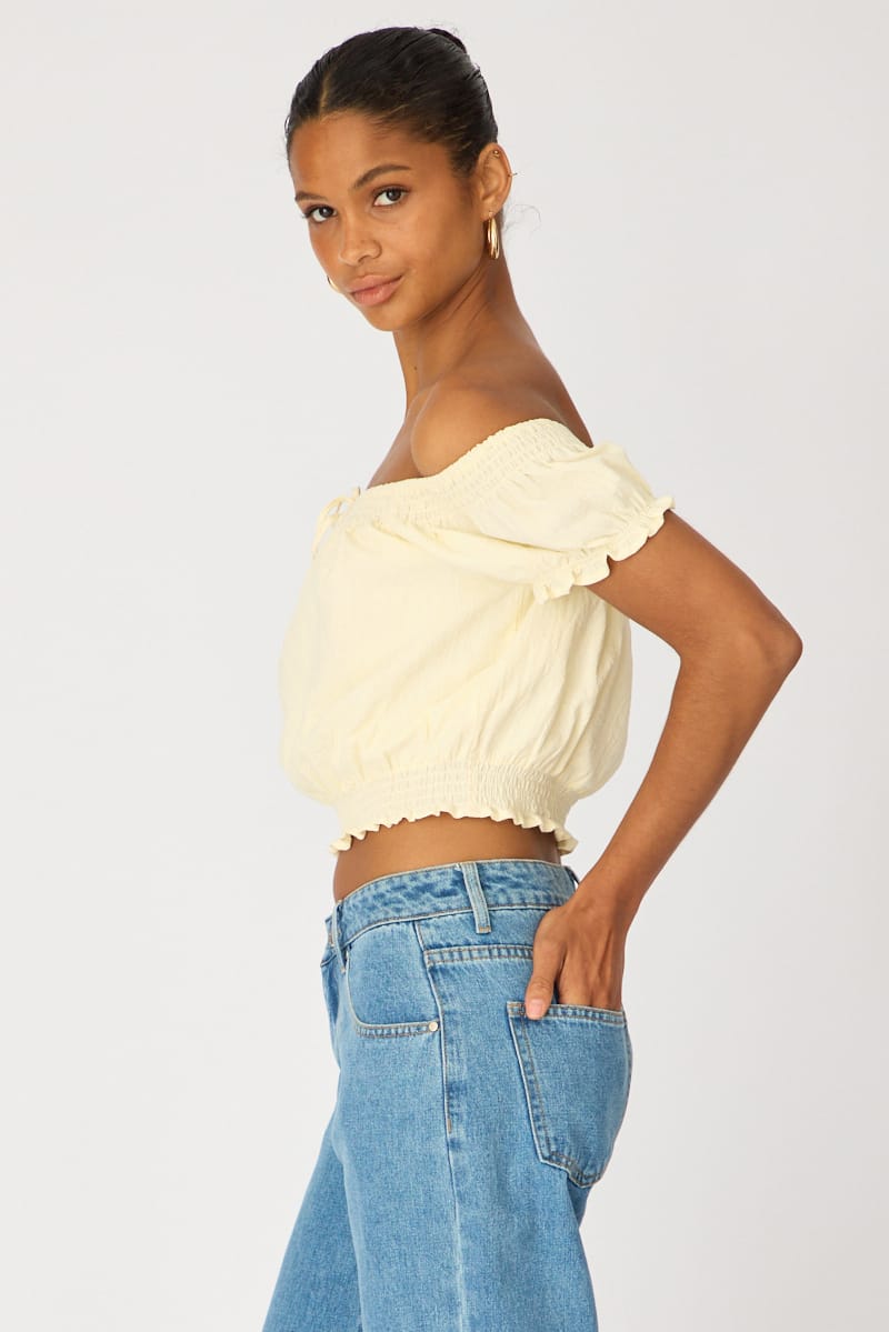 Yellow Puff Sleeve Blouse Short Sleeve Relaxed Fit for Ally Fashion