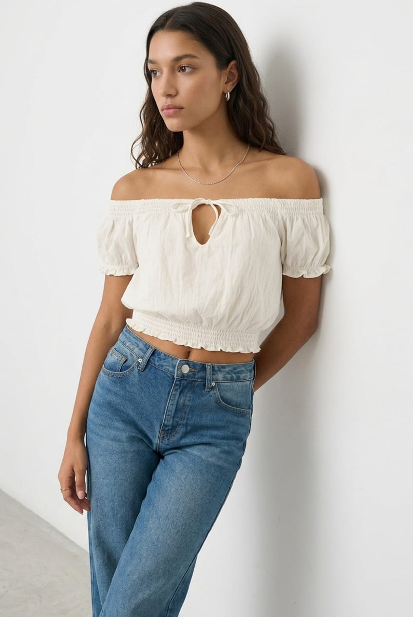 White Puff Sleeve Blouse Short Sleeve Relaxed Fit for Ally Fashion