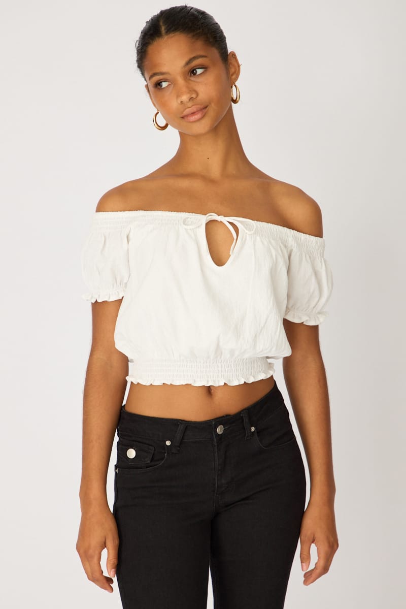 White Puff Sleeve Blouse Short Sleeve Relaxed Fit for Ally Fashion