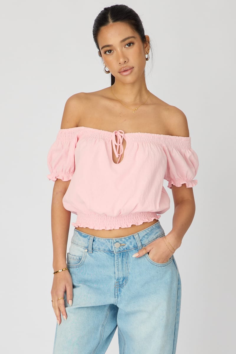 Pink Puff Sleeve Blouse Short Sleeve Relaxed Fit for Ally Fashion