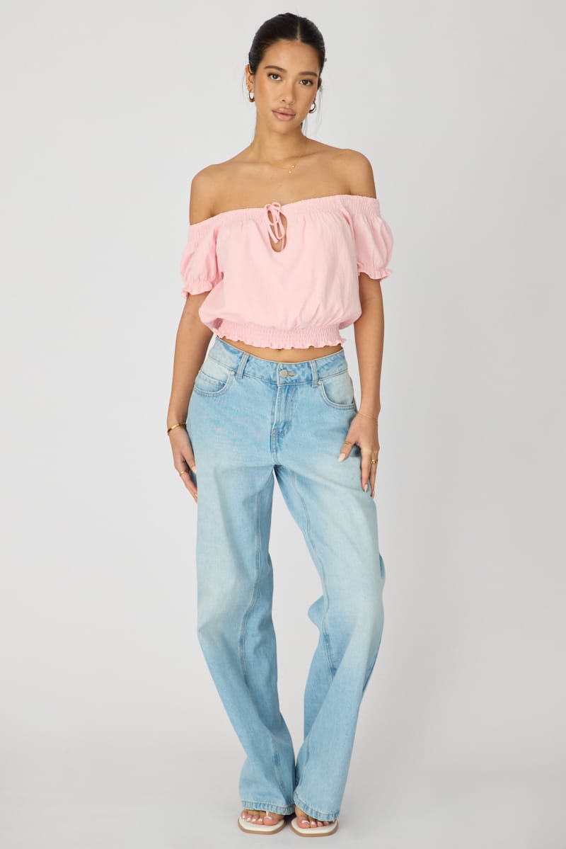 Pink Puff Sleeve Blouse Short Sleeve Relaxed Fit for Ally Fashion
