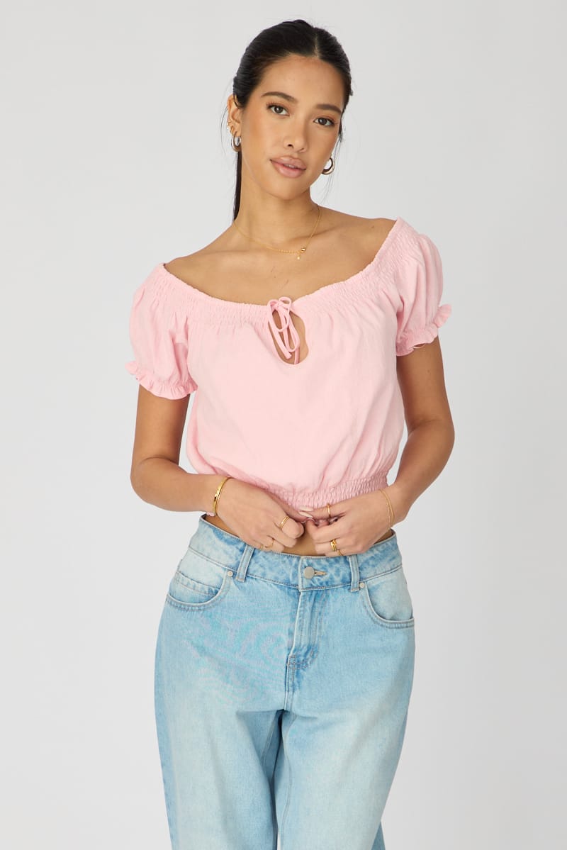 Pink Puff Sleeve Blouse Short Sleeve Relaxed Fit for Ally Fashion