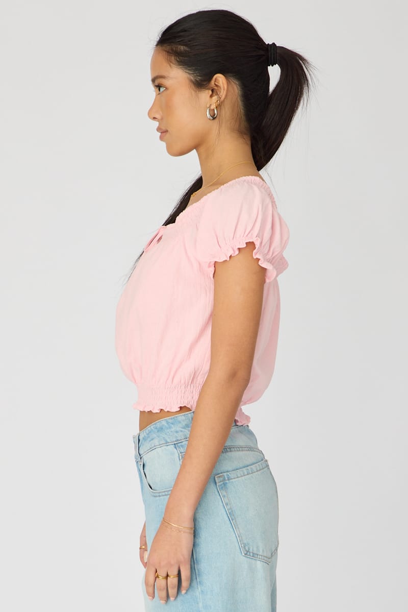 Pink Puff Sleeve Blouse Short Sleeve Relaxed Fit for Ally Fashion